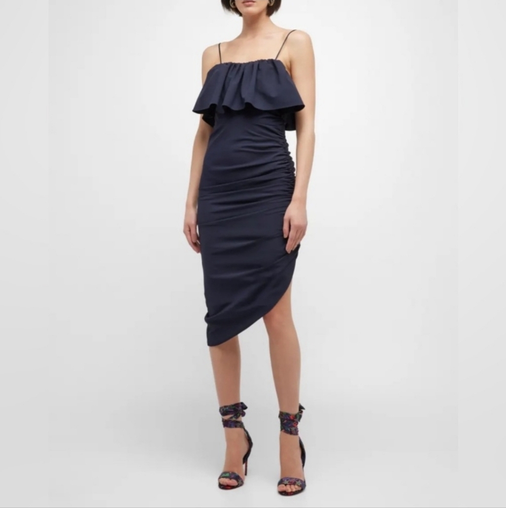 CINQ A SEPT Christa Ruffle Asymmetric Dress Sz 00 NWT Navy
